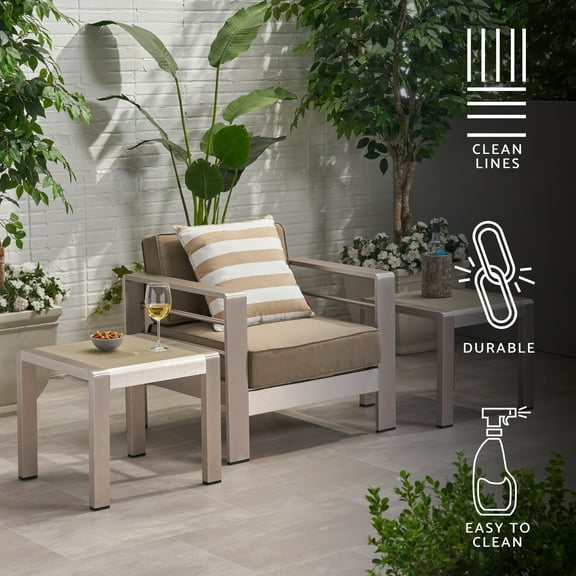 GDF Studio Crested Bay Outdoor Aluminum and Glass Side Table, Set of 2, Silver