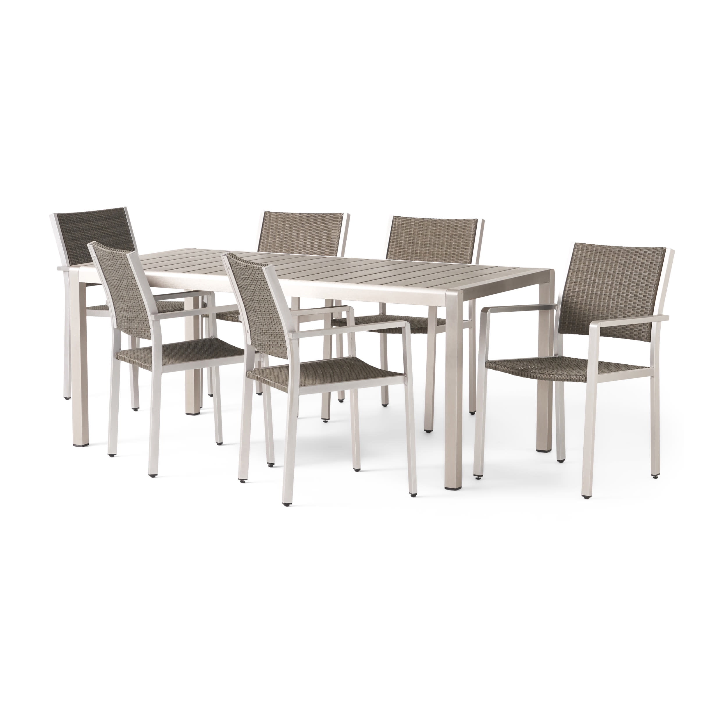 Gray and Silver Aluminum and Wicker 6-Person Outdoor Dining Set