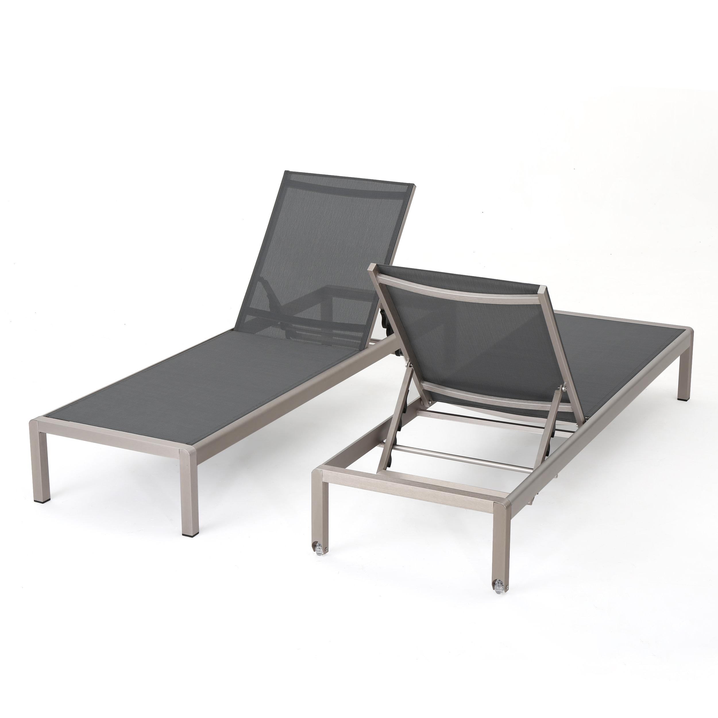 GDF Studio Crested Bay Outdoor Mesh and Aluminum Armless Adjustable Chaise Lounges, Dark Gray and Silver, Set of 2