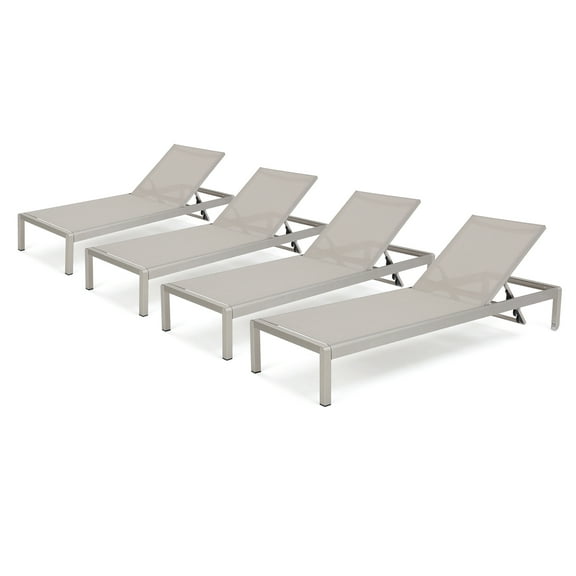 GDF Studio Crested Bay Outdoor Mesh and Aluminum Armless Adjustable Chaise Lounges, Set of 4, Gray