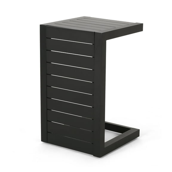 GDF Studio Crested Bay Outdoor Modern C Shaped Side Table, Black Aluminum