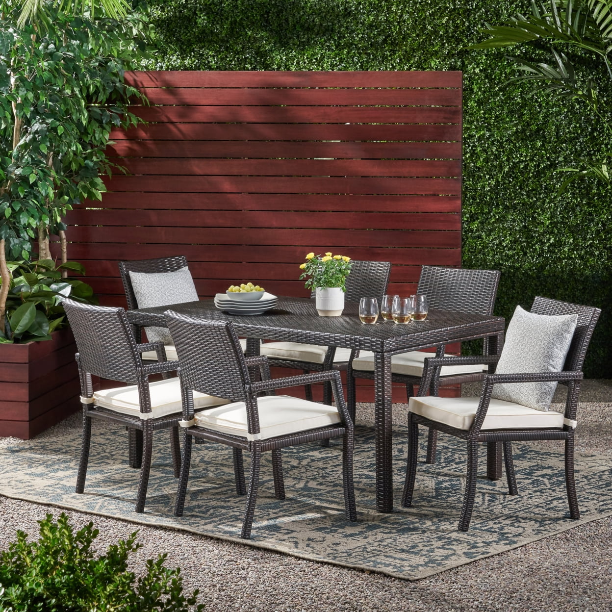 GDF Studio Crestline Outdoor Wicker 7 Piece Dining Set with