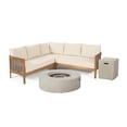 thumbnail image 1 of GDF Studio The Crowne Collection Outdoor Acacia Wood and Round Wicker 5 Seater Sectional Sofa Chat Set with Fire Pit, Teak, Mixed Brown, Beige, and Light Gray, 1 of 13