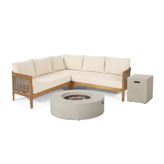 GDF Studio The Crowne Collection Outdoor Acacia Wood and Round Wicker 5 Seater Sectional Sofa Chat Set with Fire Pit, Teak, Mixed Brown, Beige, and Light Gray