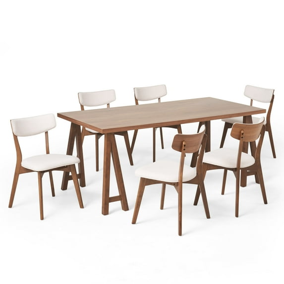 GDF Studio Crystal Mid Century Modern Fabric Upholstered 7 Piece Dining Set, Light Beige and Walnut