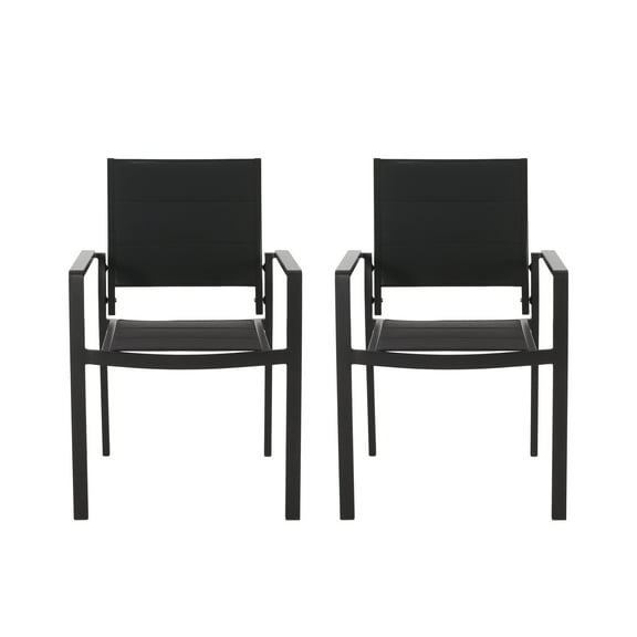 GDF Studio Curtisian Outdoor Mesh and Aluminum Dining Chairs, Black, Set of 2