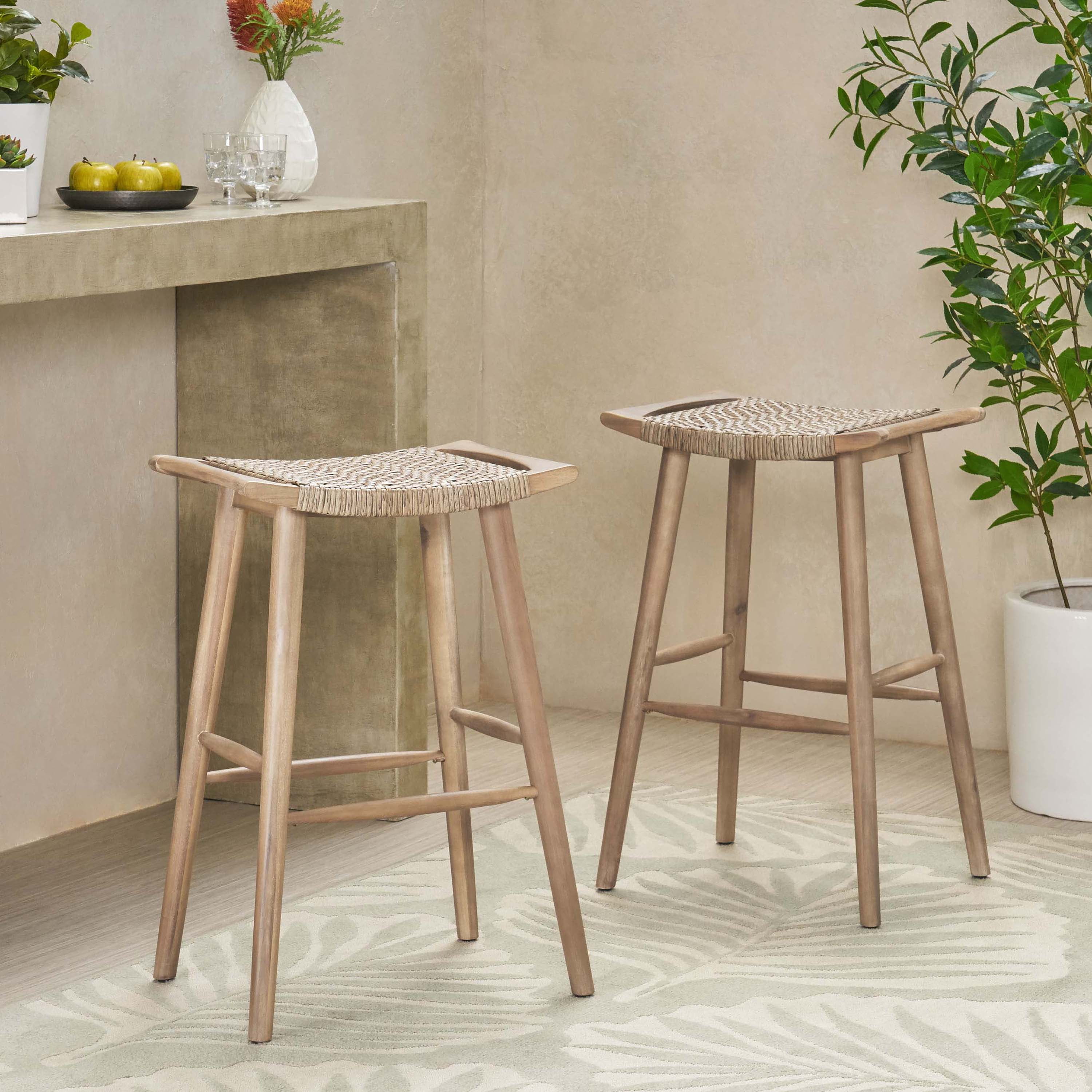 GDF Studio Acacia Wood Outdoor Bar Stools with Wicker Seating (Set of 2 ...