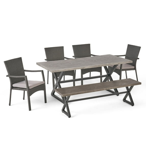 GDF Studio Dale Outdoor Wicker and Aluminum 6 Piece Dining Set with Bench, Gray and Black