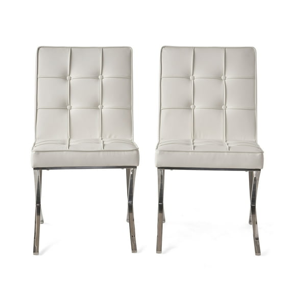 GDF Studio Danar Modern Bonded Leather Tufted Dining Chairs, Set of 2, White and Silver