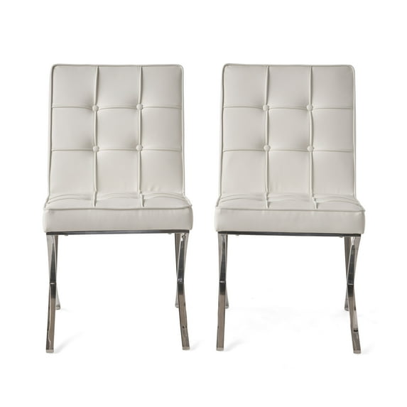 GDF Studio Danar Modern Bonded Leather Tufted Dining Chairs, Set of 2, White and Silver