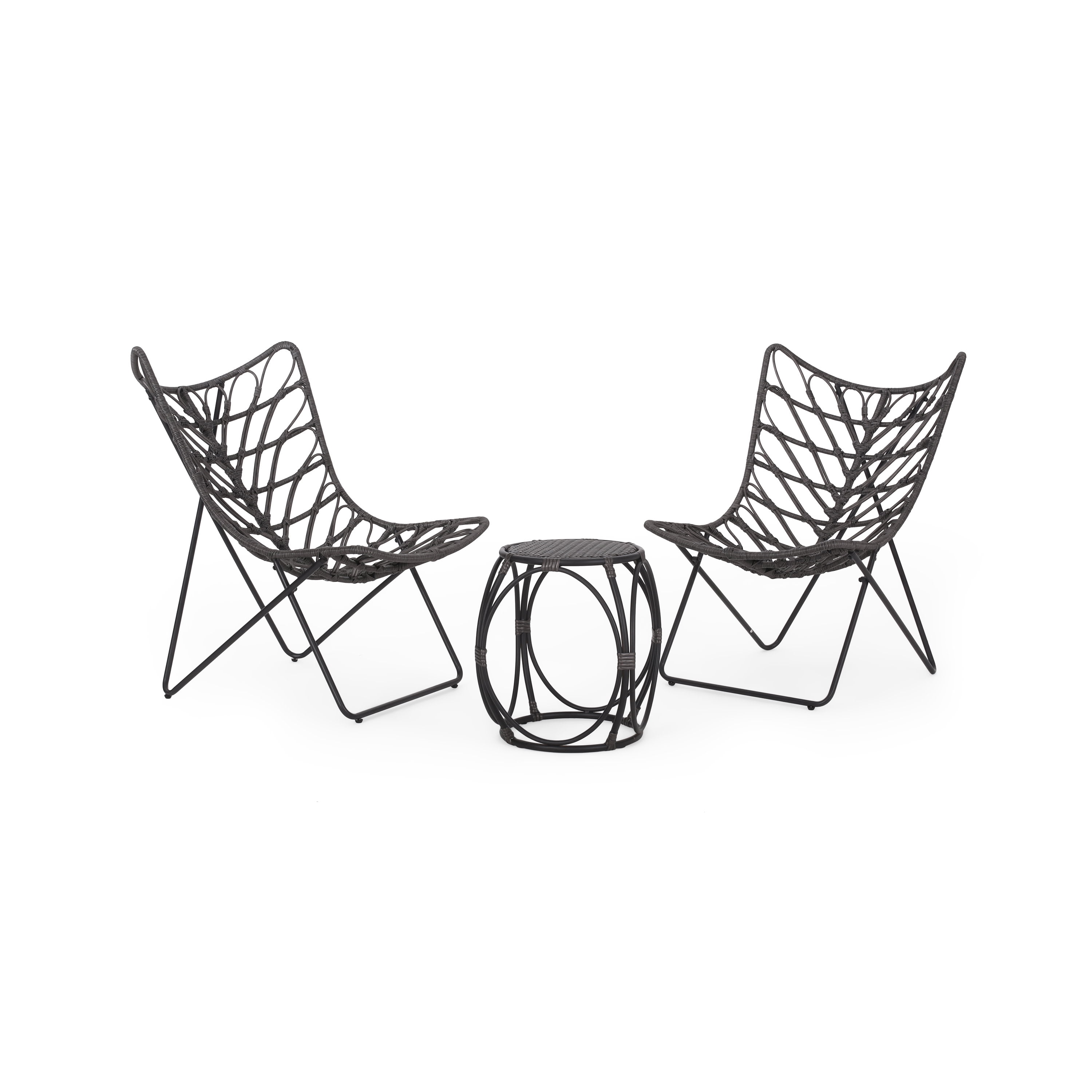 GDF Studio Danbury Outdoor Boho Modern Wicker 3 Piece Chat Set, Gray and Black