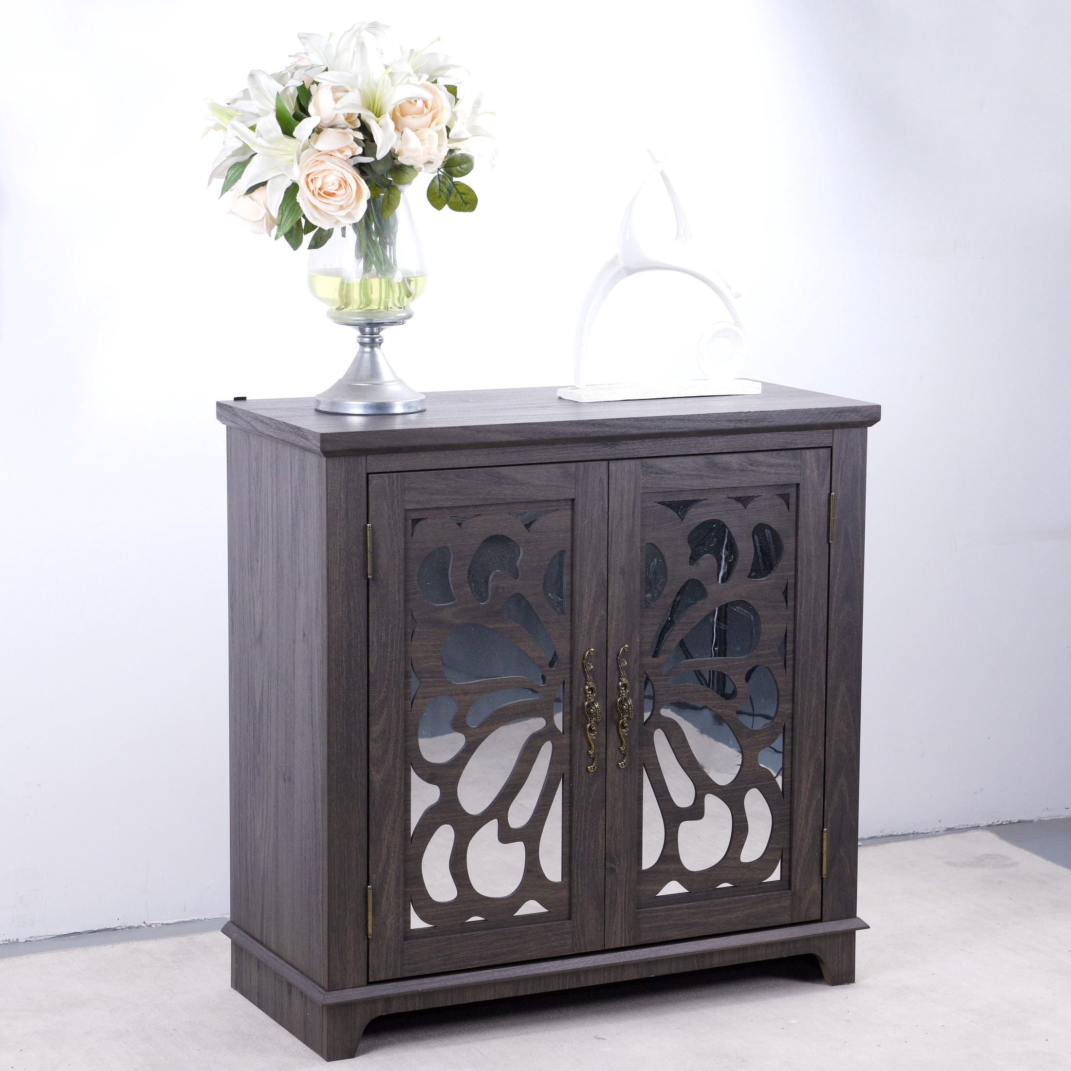 GDF Studio Danus 2-Door Acrylic Mirrored Sideboard Cabinet, Rustic Hollow-Carved Storage Cupboard for Kitchen, Dark Brown