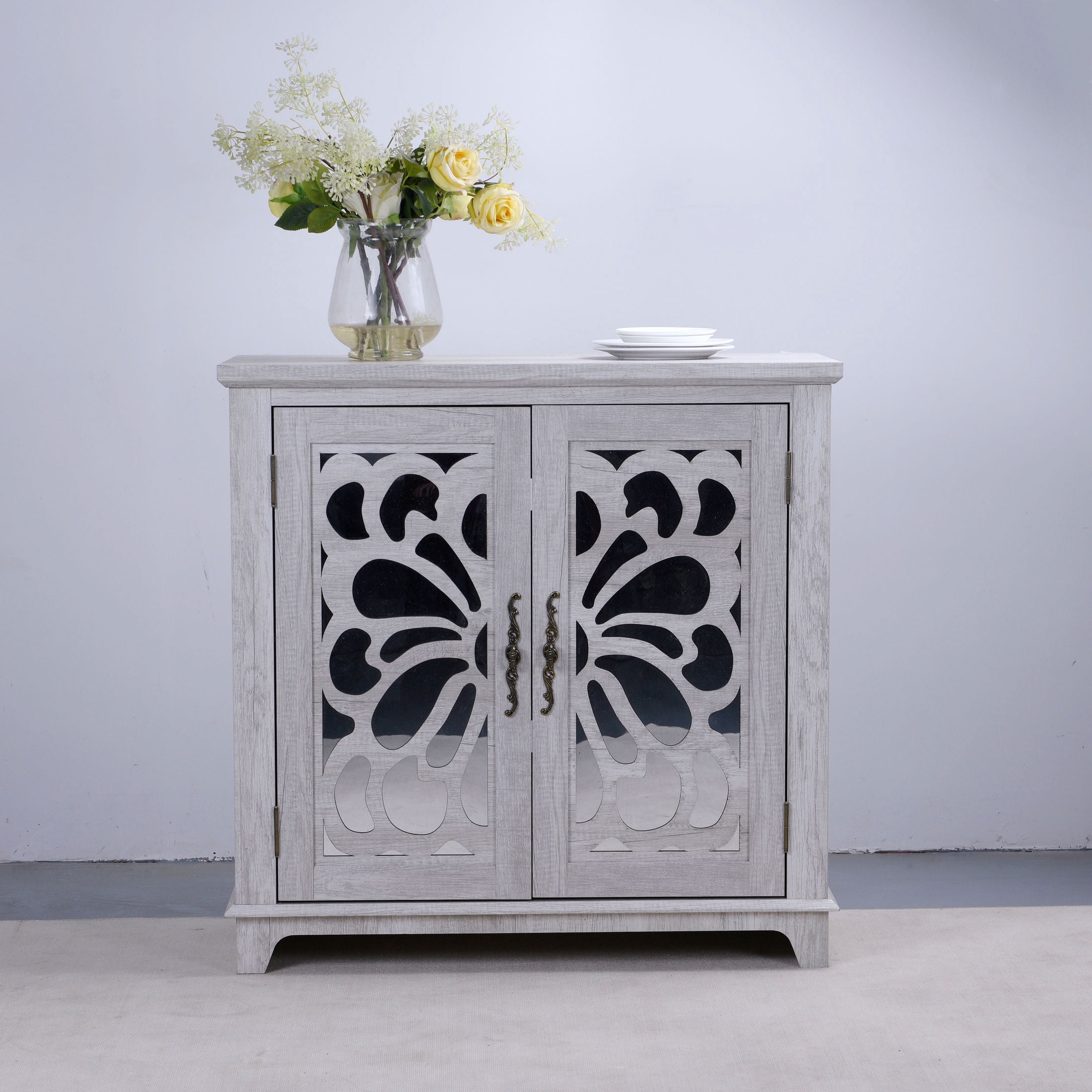 GDF Studio Danus 2-Door Acrylic Mirrored Sideboard Cabinet, Rustic Hollow-Carved Storage Cupboard for Kitchen, Light Gray
