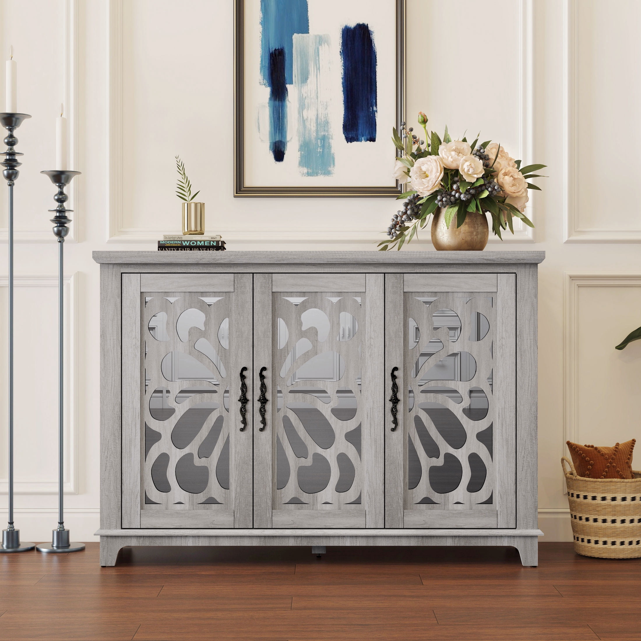 GDF Studio Danus 3-Door Acrylic Mirrored Sideboard Cabinet, Rustic Hollow-Carved Storage Cupboard for Kitchen, Light Gray