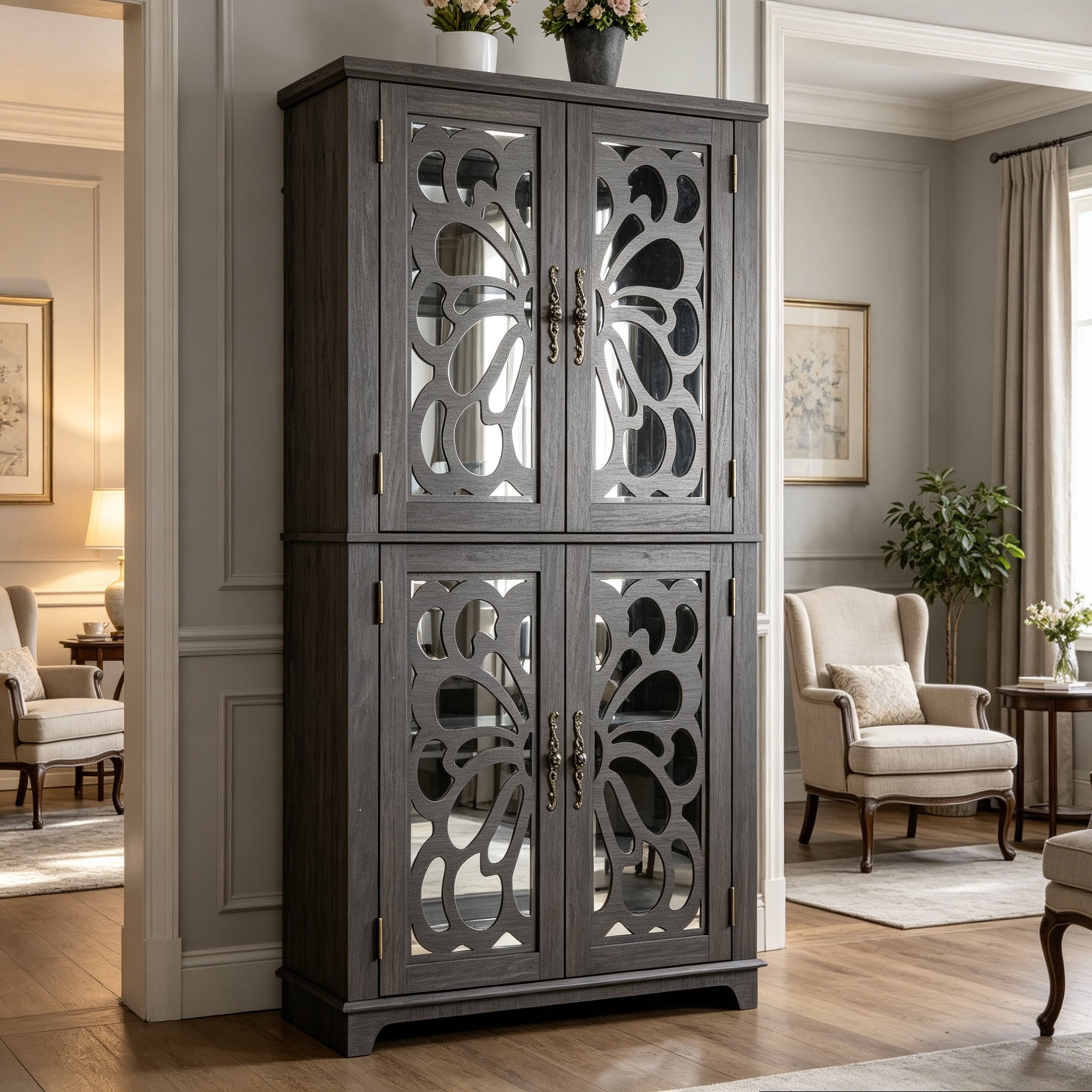 GDF Studio Danus 4-Door Acrylic Mirrored Sideboard Cabinet, Rustic Hollow-Carved Storage Cupboard for Kitchen, Dark Brown
