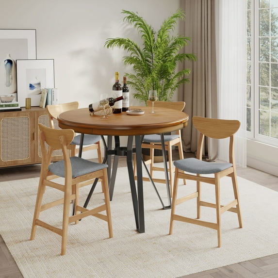 GDF Studio Darcy Mid-Century Modern 5-Piece Bar Table Set, Dining Table Set with Cushioned Seats, Metal Hairpin Legs, Light Ash