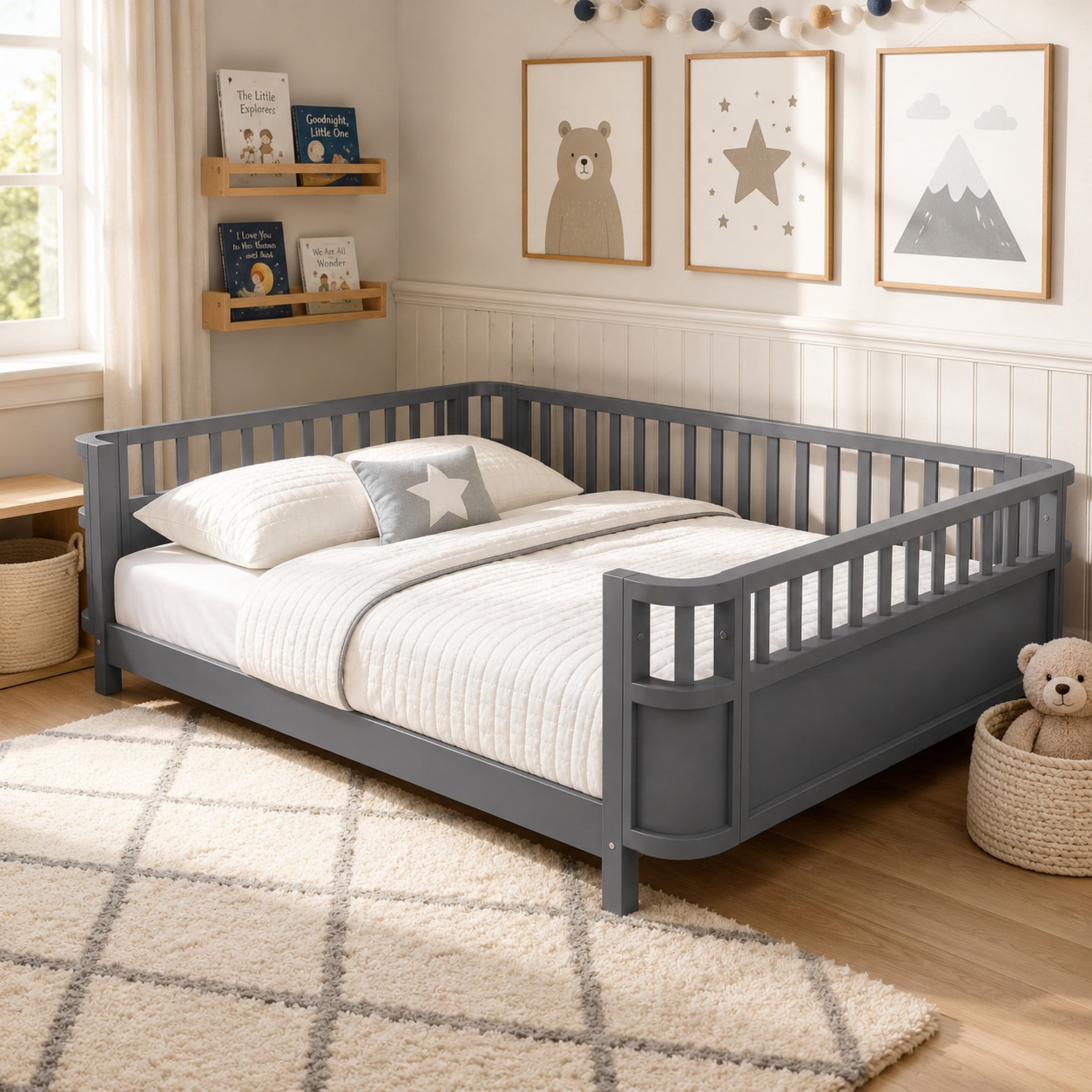 GDF Studio Darpel Full Size Wooden Montessori Bed Frame with Guard Rails, Pine Wood Low-Profile Floor Kids Bed, Gray