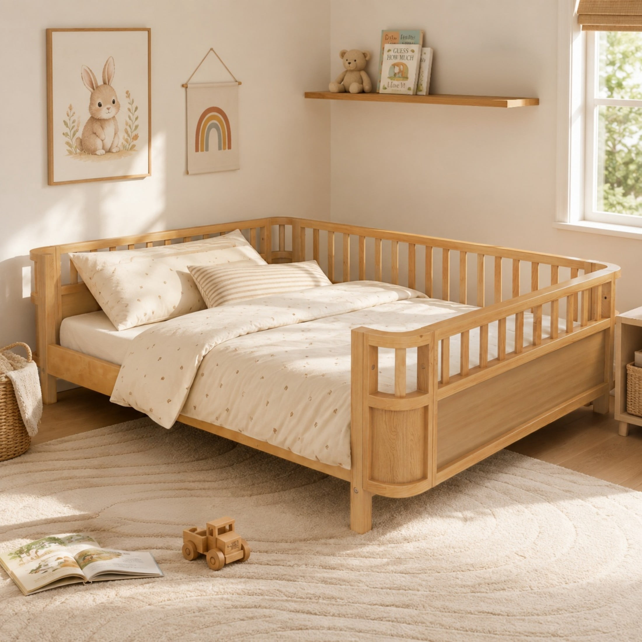 GDF Studio Darpel Full Size Wooden Montessori Bed Frame with Guard Rails, Pine Wood Low-Profile Floor Kids Bed, Natural