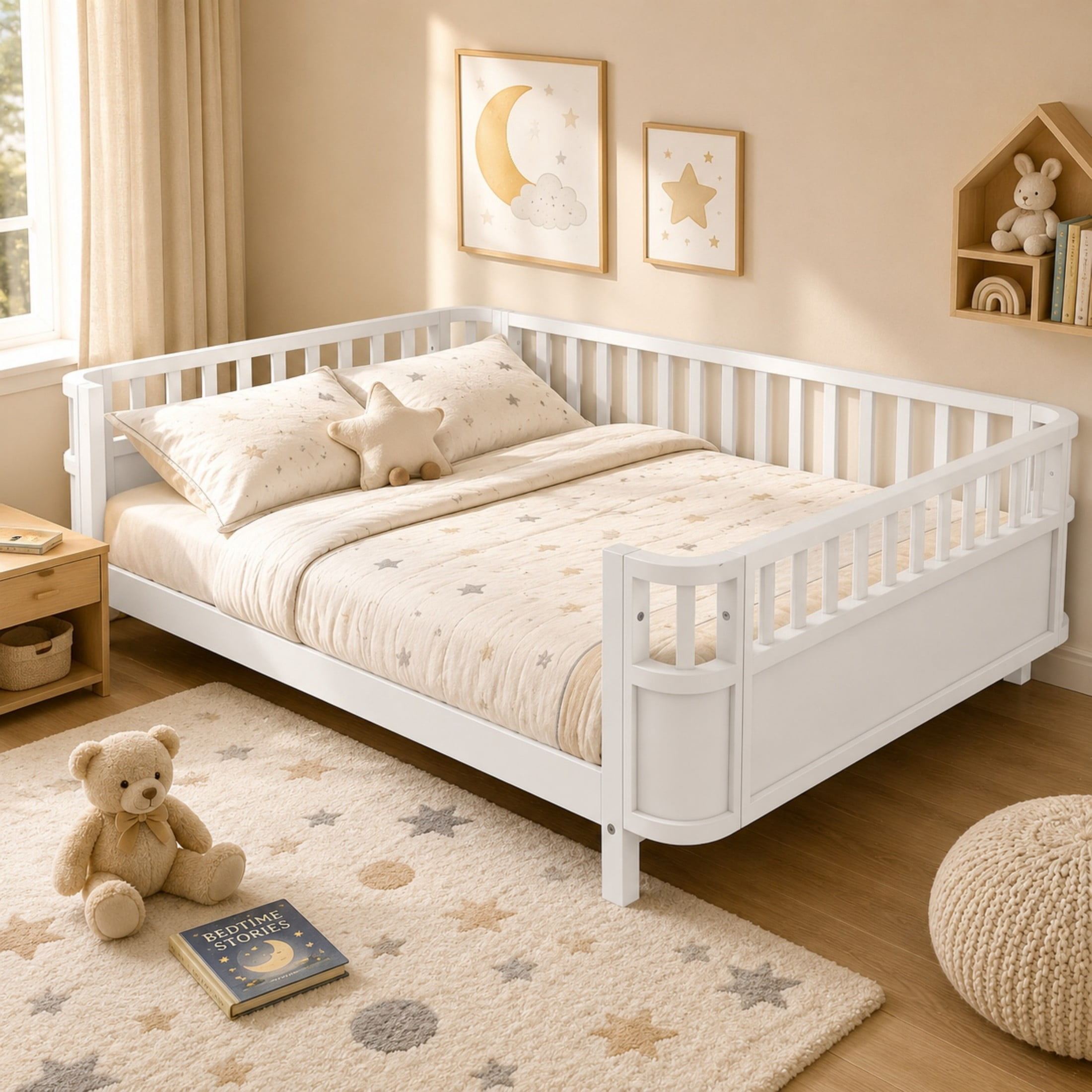 GDF Studio Darpel Full Size Wooden Montessori Bed Frame with Guard Rails, Pine Wood Low-Profile Floor Kids Bed, White