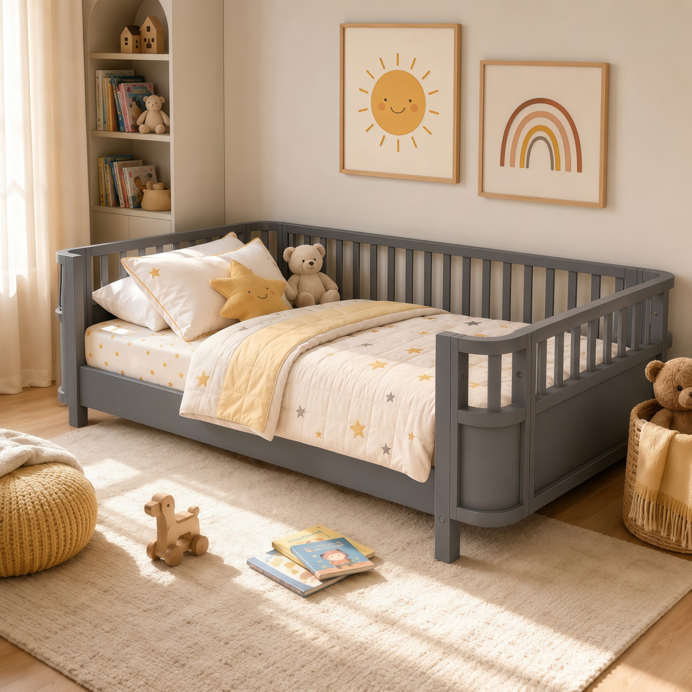 GDF Studio Darpel Twin Size Wooden Montessori Bed Frame with Guard Rails, Pine Wood Low-Profile Floor Kids Bed, Gray