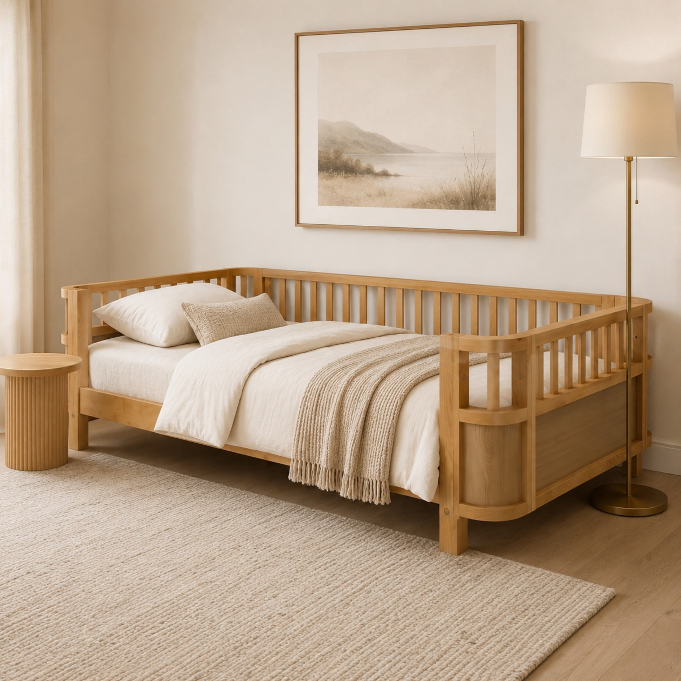 GDF Studio Darpel Twin Size Wooden Montessori Bed Frame with Guard Rails, Pine Wood Low-Profile Floor Kids Bed, Natural