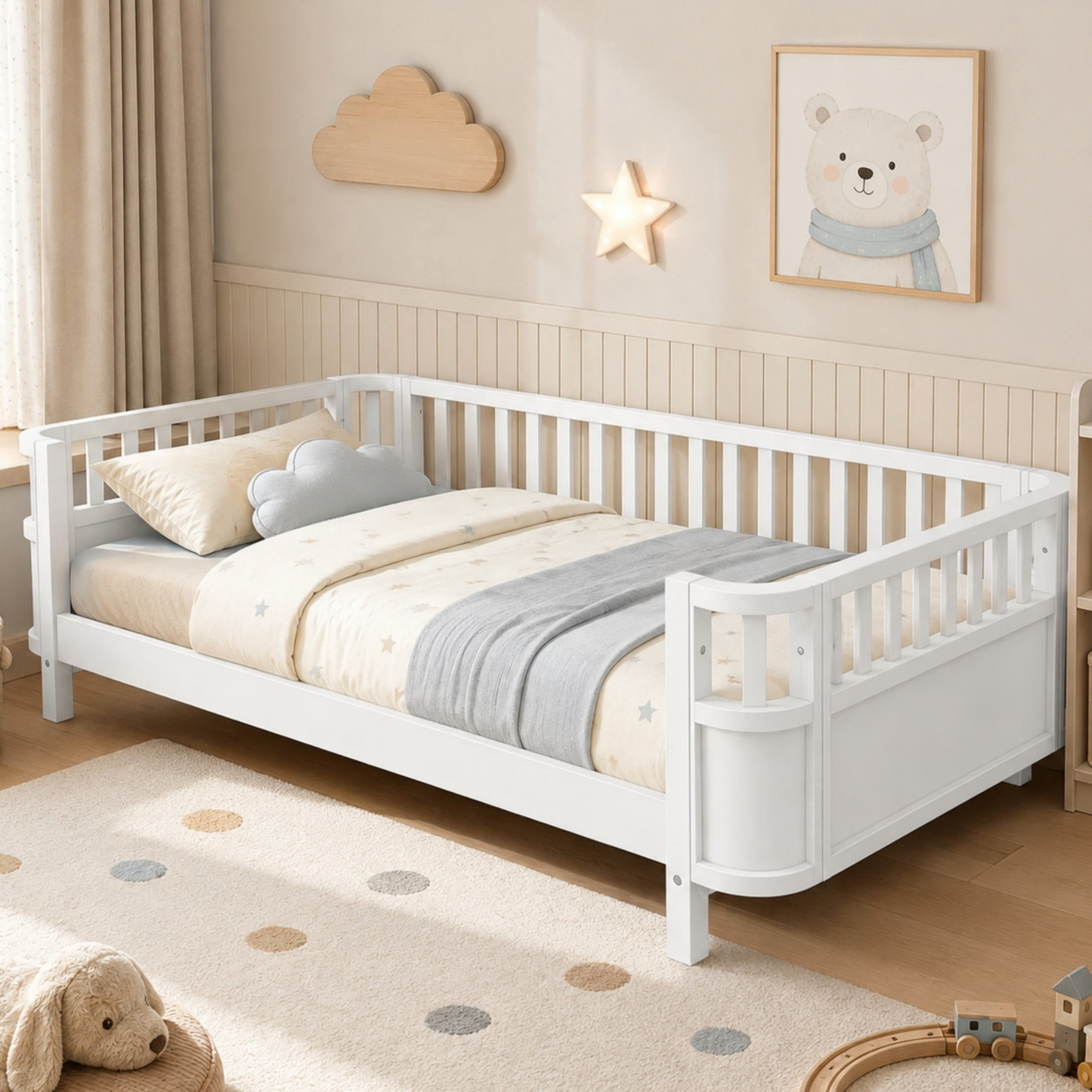 GDF Studio Darpel Twin Size Wooden Montessori Bed Frame with Guard Rails, Pine Wood Low-Profile Floor Kids Bed, White
