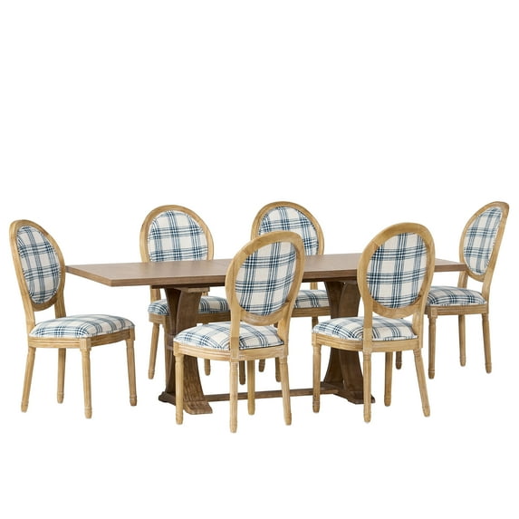 GDF Studio Dason French Country Fabric Upholstered Wood 7 Piece Dining Set, Dark Blue Plaid and Natural