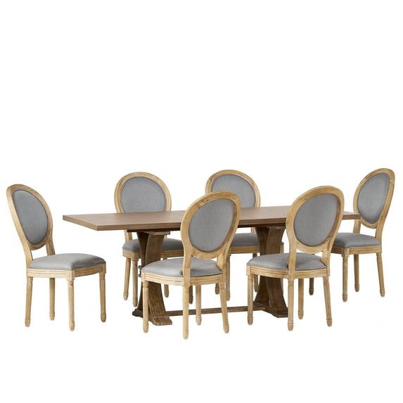 GDF Studio Dason French Country Fabric Upholstered Wood 7 Piece Dining Set, Light Gray and Natural