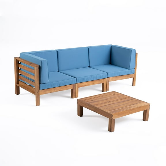 GDF Studio Dawson Outdoor Modular Acacia Wood Sofa and Table Set with Cushions, Teak and Blue