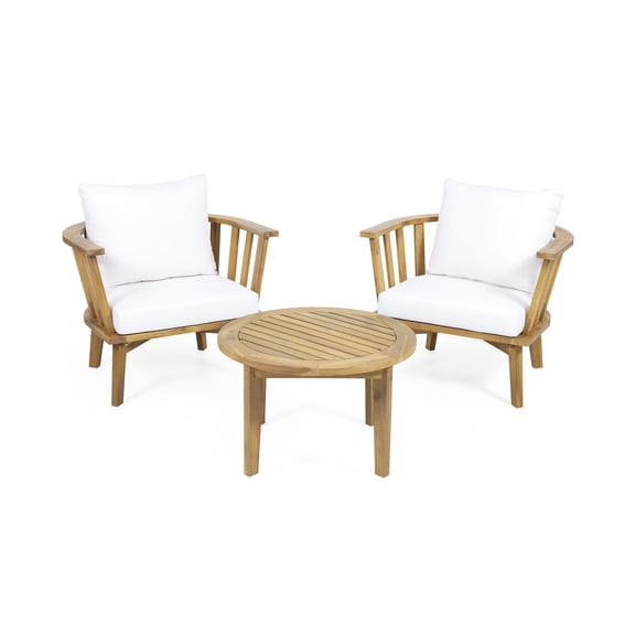 GDF Studio Dean Outdoor Acacia Wood 3 Piece Chat Set with Cushions, White and Teak