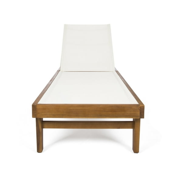 GDF Studio Della Outdoor Mesh and Acacia Wood Armless Adjustable Chaise Lounge, Teak and White