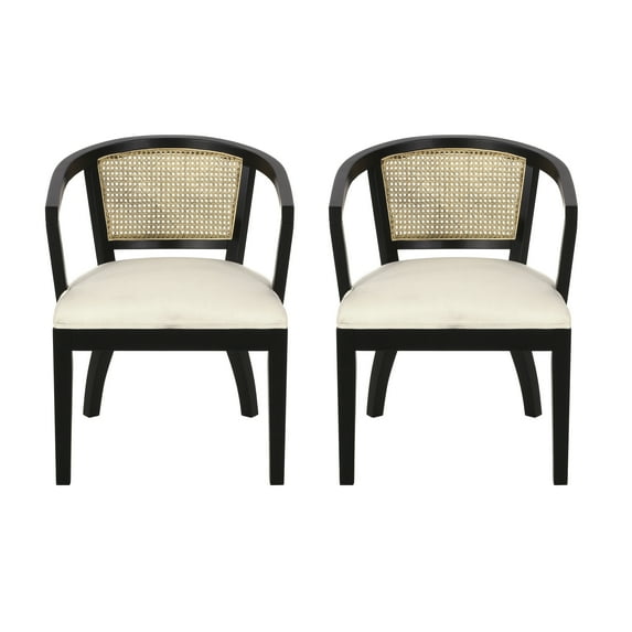 GDF Studio Delwood Traditional Upholstered Wood and Cane Dining Chairs, Set of 2, Black, Natural Brown, and Cream Fabric