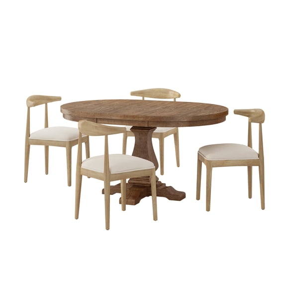 GDF Studio Denell Contemporary Fabric Upholstered Wood 5 Piece Dining Set, Beige, Light Ash, and Natural