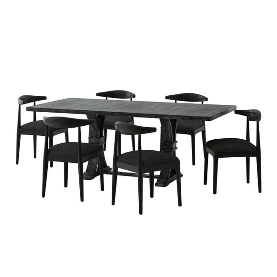 GDF Studio Derring Contemporary Fabric Upholstered Wood 7 Piece Dining Set, Black Textured Tweed, Black, and Gray