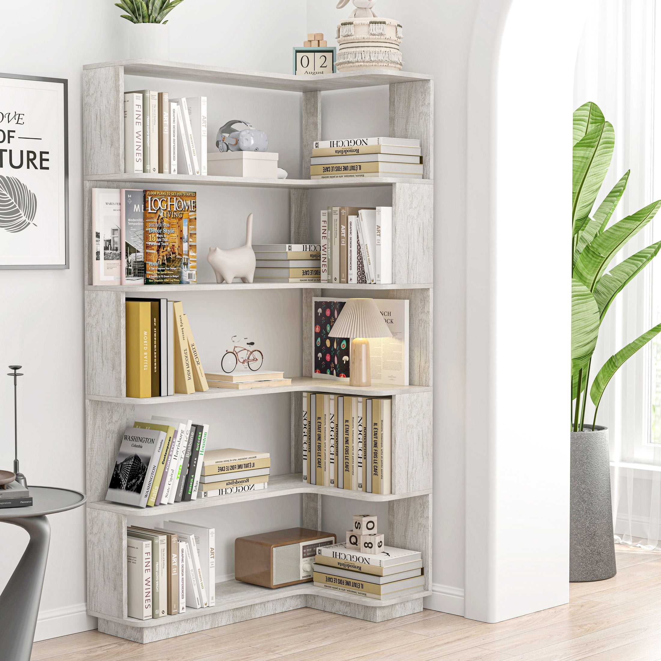 GDF Studio Derwin 5-Tier Corner Bookshelf, L-Shaped Wooden Bookcase for Living Room, Home Office, Light Gray