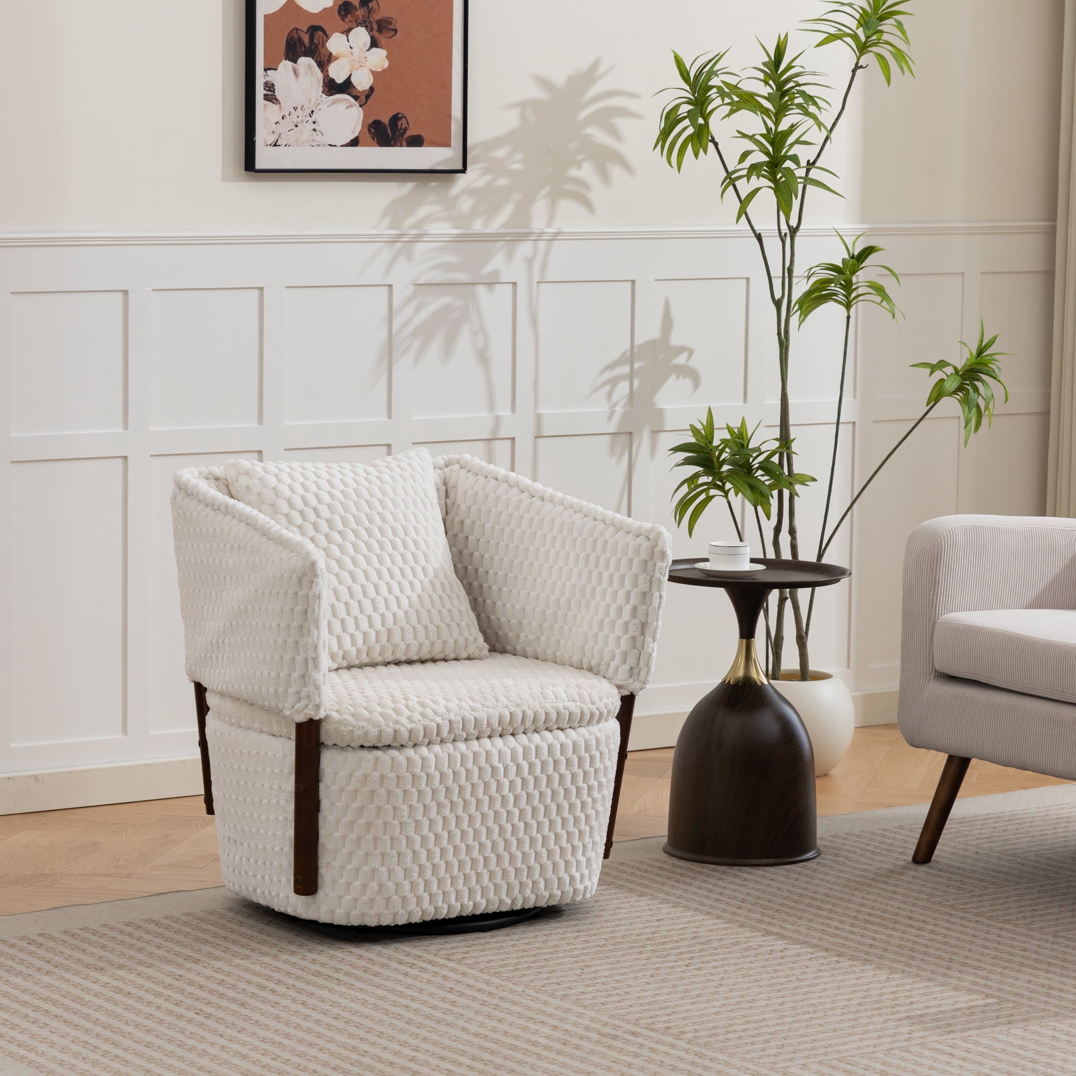 GDF Studio Derwin Mid-Century Modern 360° Swivel Accent Chair with Storage, Reading Armchair for Living Room, Antique White