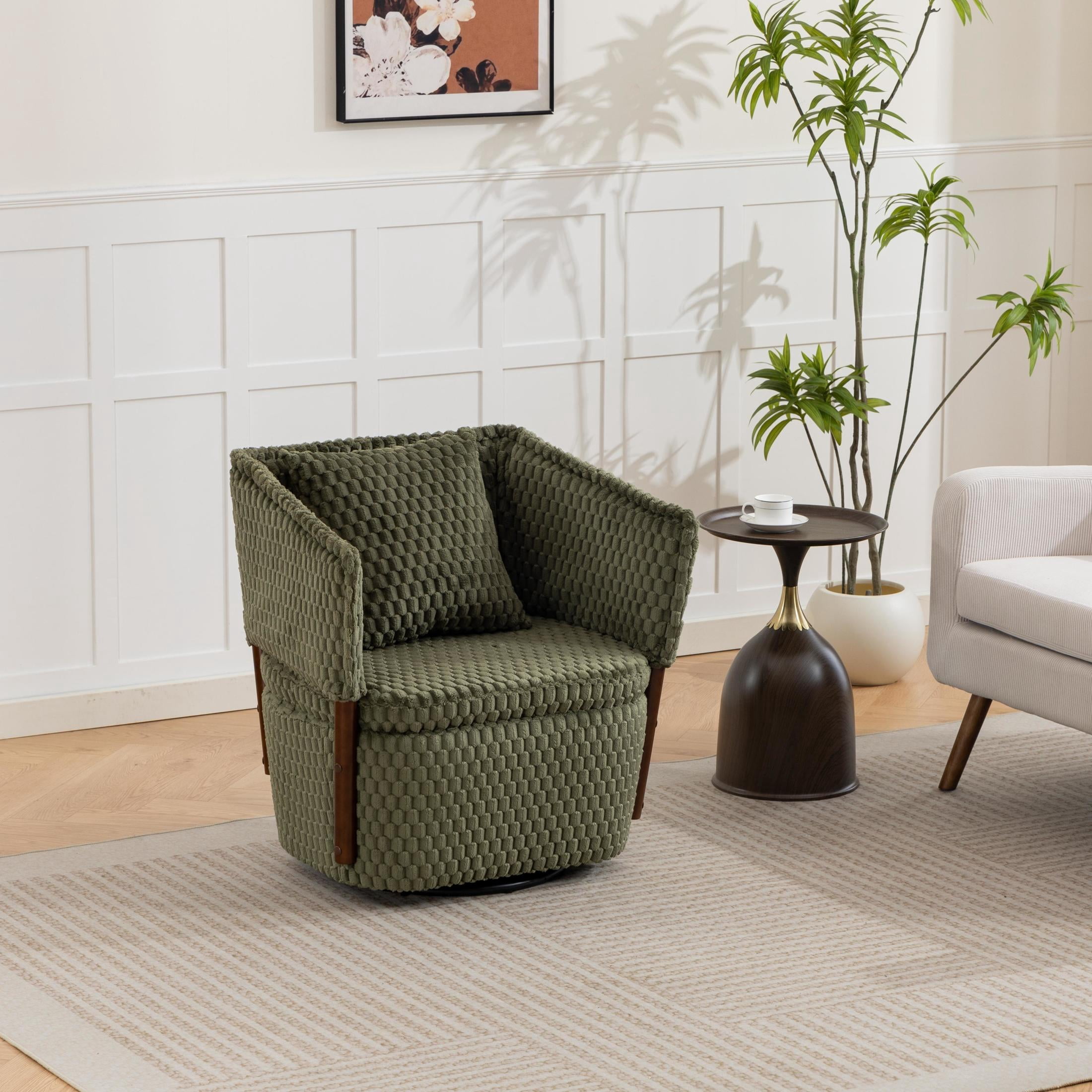 GDF Studio Derwin Mid-Century Modern 360° Swivel Accent Chair with Storage, Reading Armchair for Living Room, Army Green