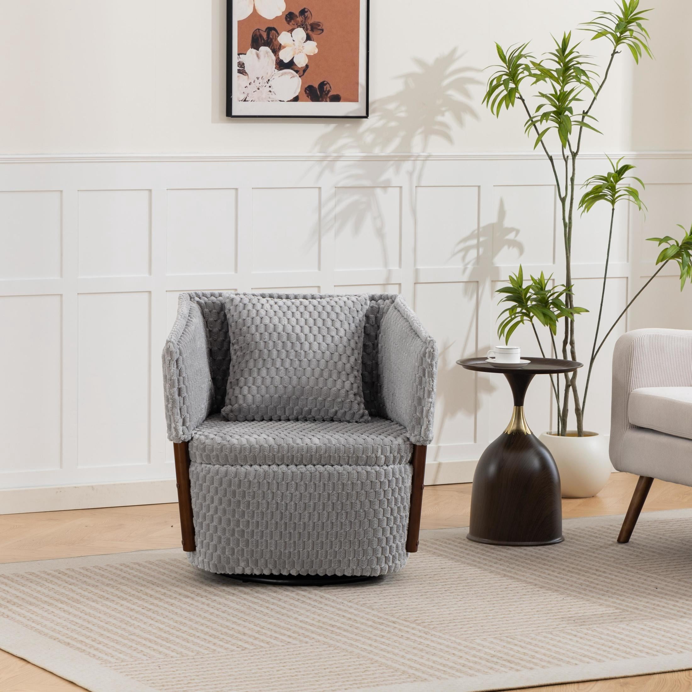 GDF Studio Derwin Mid-Century Modern 360° Swivel Accent Chair with Storage, Reading Armchair for Living Room, Grey