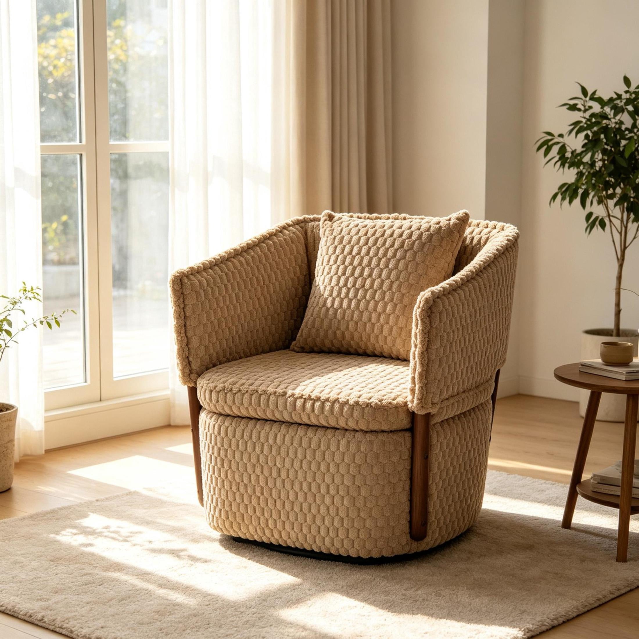 GDF Studio Derwin Mid-Century Modern 360° Swivel Accent Chair with Storage, Reading Armchair for Living Room, Khaki
