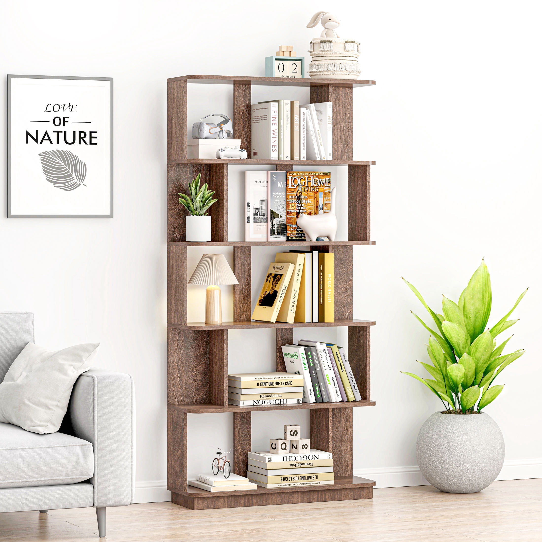 GDF Studio Derwin Modern 5-Tier Open Storage Bookcase, Wooden Media Bookshelf Organizer for Home Office, Dark Brown