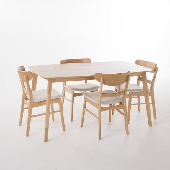 GDF Studio Dimick Mid Century Modern Fabric Upholstered 5 Piece Dining Set, Light Beige and Oak