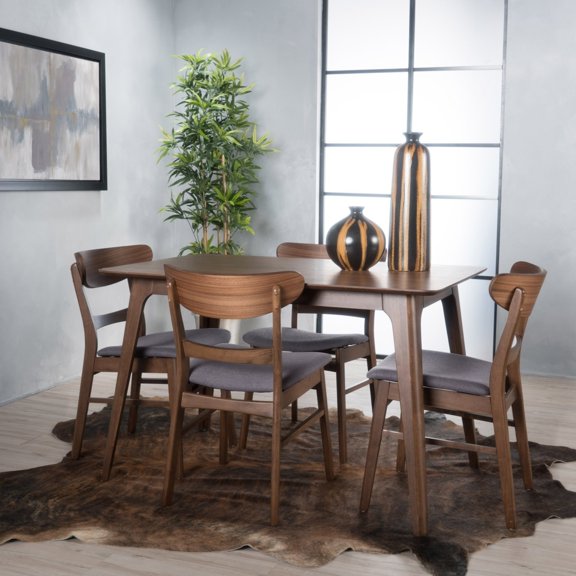 GDF Studio Dimick Mid Century Modern Fabric Upholstered Wood 5 Piece Dining Set, Dark Gray and Walnut