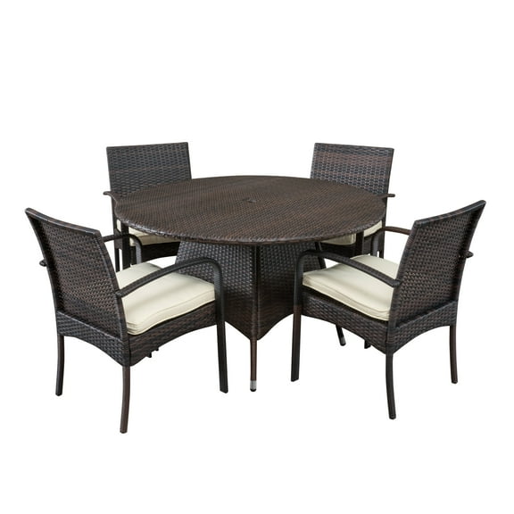 GDF Studio Dion Outdoor Wicker 5 Piece Dining Set with Cushions, Multibrown and Cream