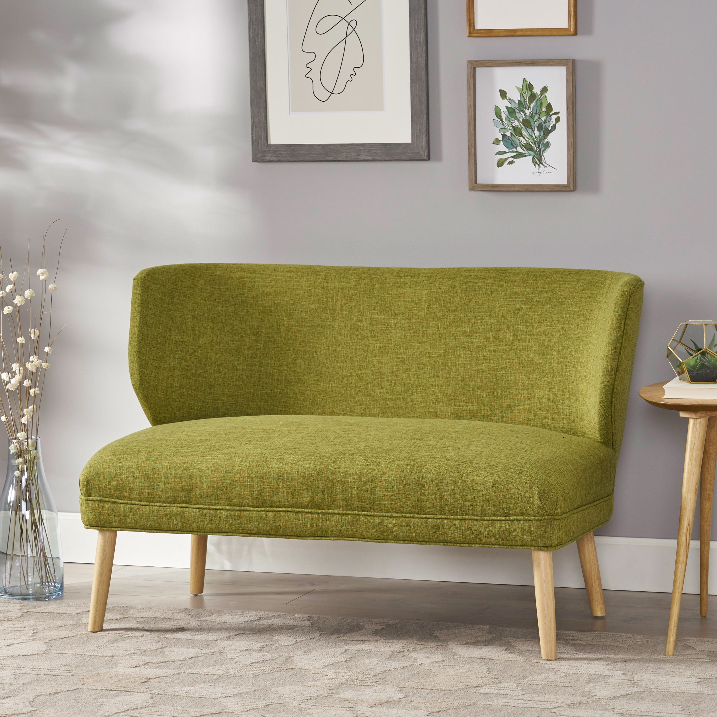 Green Cotton Blend Armless Settee with Wood Legs