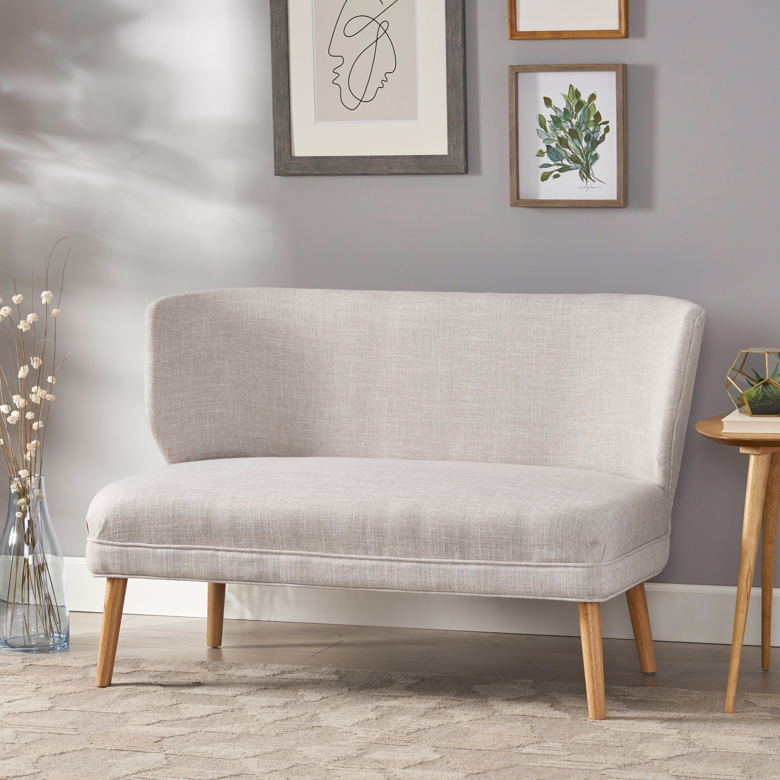Beige Fabric Armless Settee with Natural Rubber Wood Legs