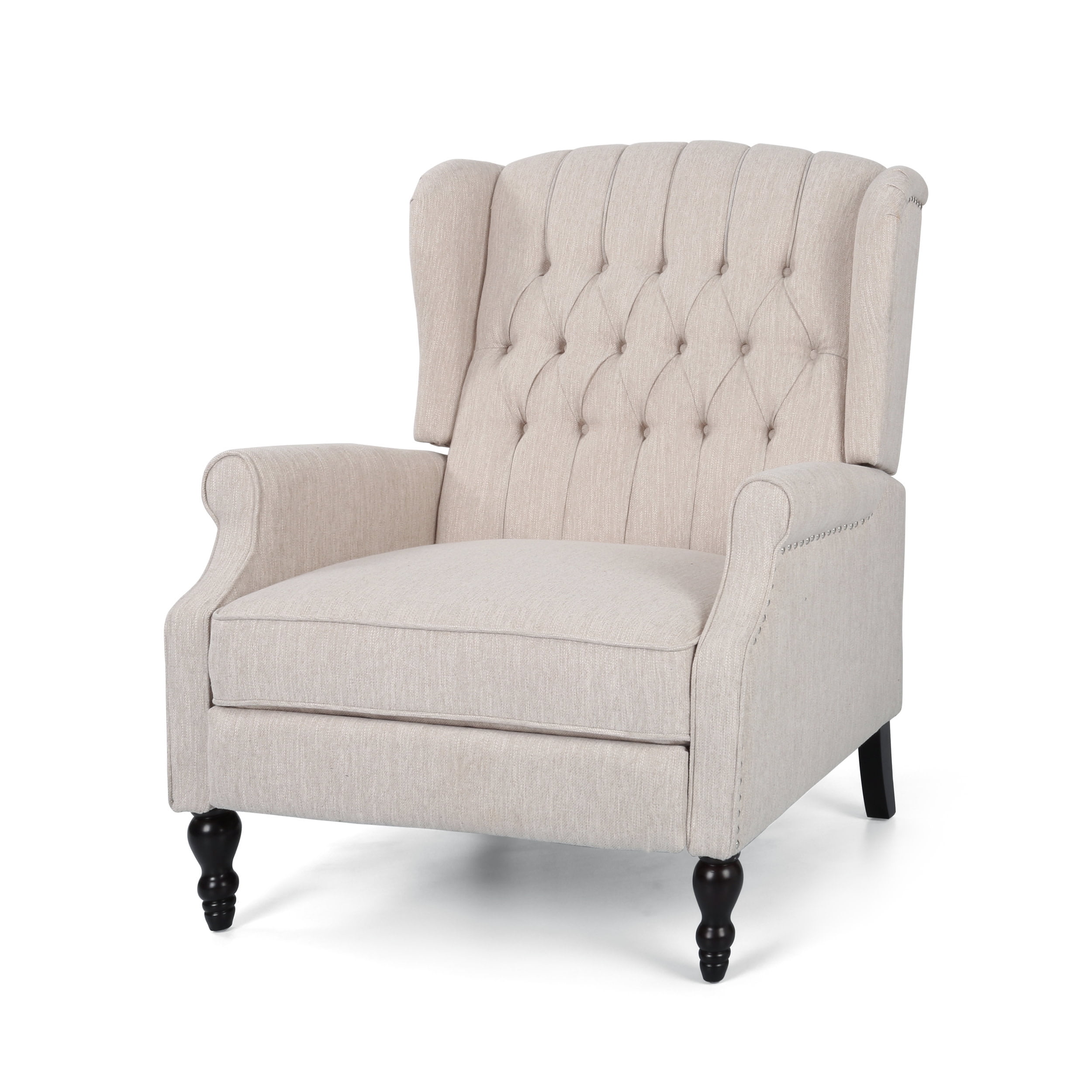Beige Handcrafted Wood Oversized Tufted Recliner