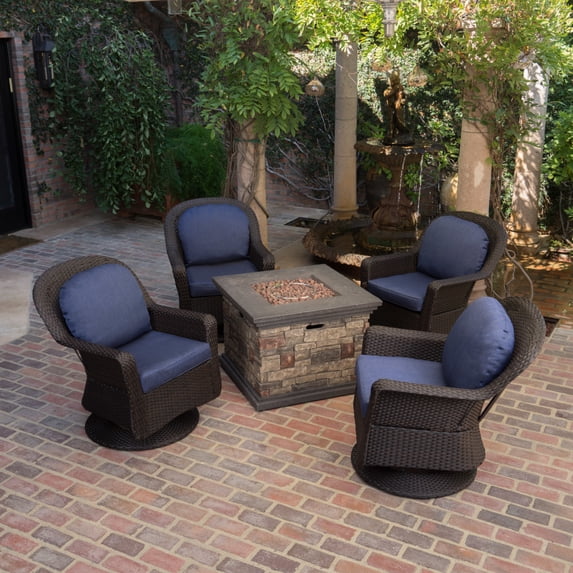 GDF Studio Dunlevy Outdoor 5 Piece Wicker Swivel Club Chairs, Navy Blue, Brown Stone