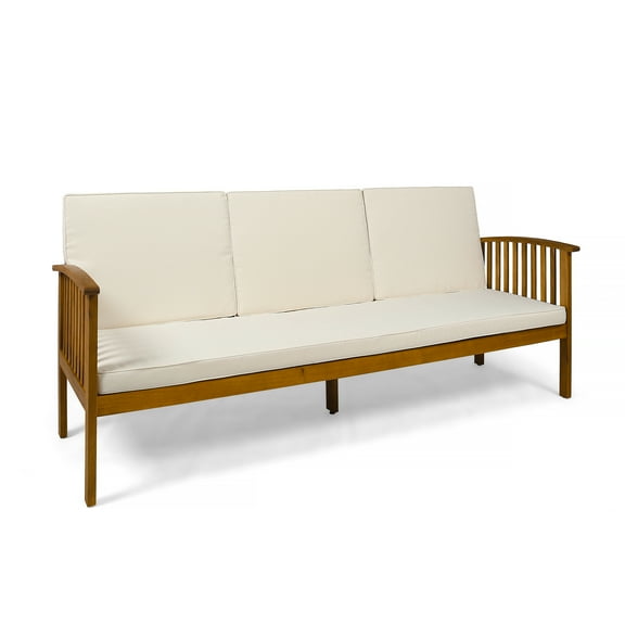 GDF Studio Dupont Outdoor Acacia Wood 3 Seater Sofa with Cushions, Teak and Cream