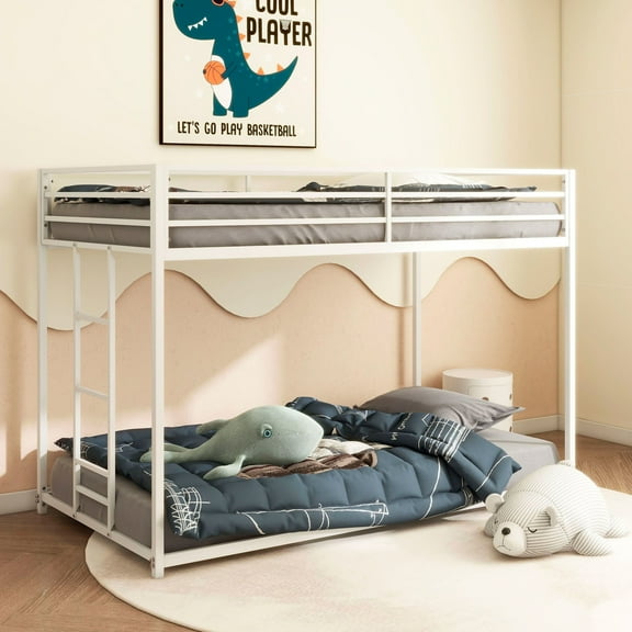 Twin over Twin Size Metal Frame Bunk Bed with Ladder, White