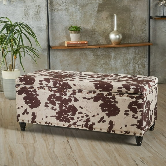 GDF Studio Durango Contemporary Studded Storage Ottoman Bench, Milk Cow Pattern Velvet and Dark Brown